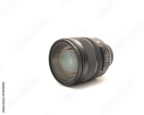Front view advanced aspherical landscape lens made in Japan for DSLR full frame camera photography isolated on white background with clipping path copy space
