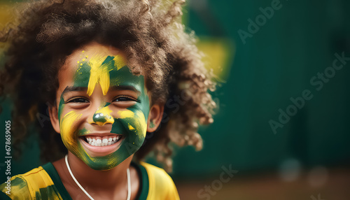 brazil kids with colorful paint and face painted, in the style of dark green and light gold. photo
