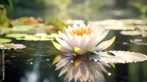 A tranquil pond reflecting the image of a graceful water lily, creating a mirrored world of serene beauty.