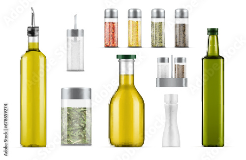 Kitchen spices herbs and oil sugar salt for cooking set realistic vector illustration