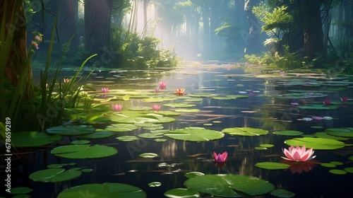 A tranquil pond surrounded by water lilies  their leaves floating gently on the water s surface  while their blossoms reveal their beauty.