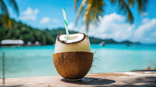 coconut cocktail on the beach,Tropical fresh coconut cocktail with straw on white beach with blue ocean and palm trees on the background, tropical,Holiday,resort concept