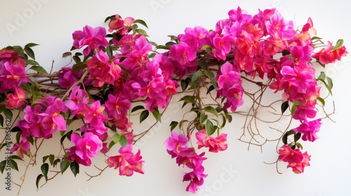A vibrant bougainvillea vine  covered in papery pink and purple bracts  creating a striking display of color against a white wall.