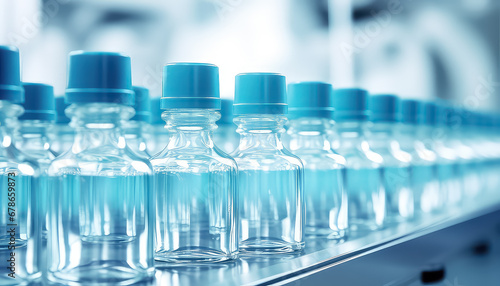 clear water bottles on the conveyor line in a factory