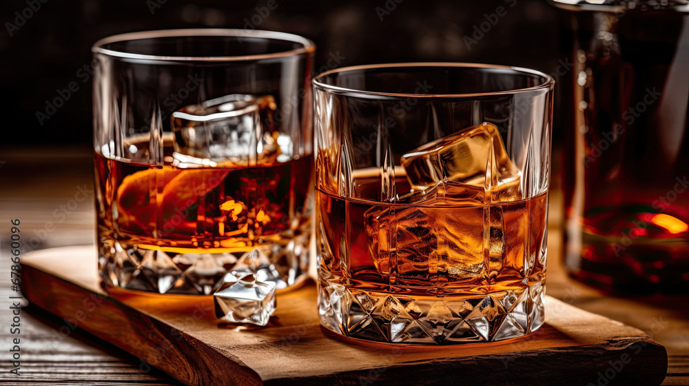 glass of whiskey with ice, Whiskey cocktail with a smoky finish.