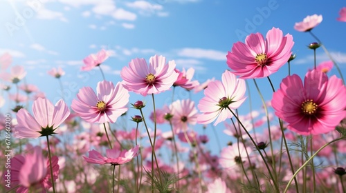 A vibrant field of cosmos flowers, their petals dancing in the breeze, evoking a sense of celestial beauty. © rehman