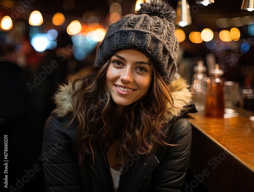 Beautiful young woman with woolen hat smiling waiting in a bar.