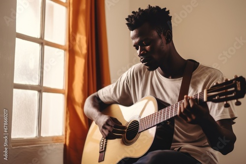 Happy cheerful young african american man playing guitar while sitting at home. photo