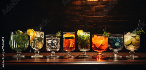  set of Alcoholic cocktails, Variety of alcoholic drinks and multi colored cocktails on the reflective surface of bar counter,Panorama banner with an assortment of colorful exotic alcoholic cocktail 