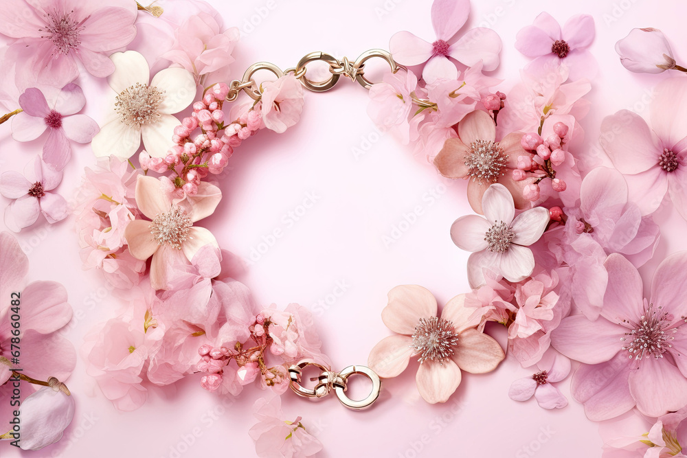 Gold bracelet on a pink floral background.