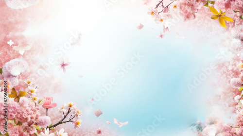 Cherry blossom frame with free space in the center. Spring floral banner concept.