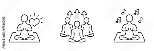 Wellness Symbol Set. Yoga Poses Linear Pictogram. Relax And Meditate Line Icon. Spiritual Exercise And Group Meditation. Balance, Serenity, Calm. Editable Stroke. Isolated Vector Illustration