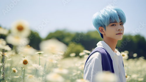 A young man with blue hair had a unique style.