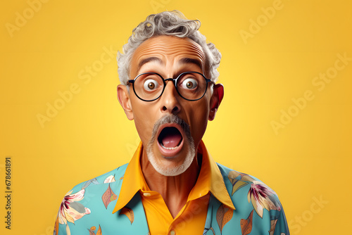 Surprised senior Latin American man on yellow background. Neural network generated photorealistic image.