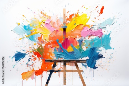 An easel displaying an abstract landscape, shaped by bold and expressive brushstrokes with vibrant splatters of paint