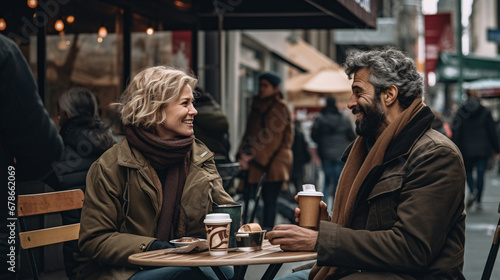 Stock photograph of couple of men and women on the street drinking coffee