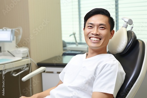 Close-up photo of a smiling Asian man sitting in a chair in a dental office. He is waiting for the dentist for an oral procedure. Teeth whitening concept.