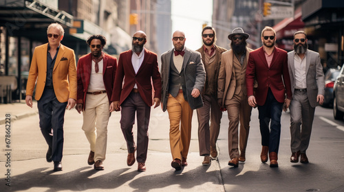 Stock photograph of group of men on the street walking