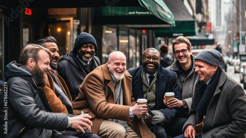 Stock photograph of group of men on the street drinking coffee