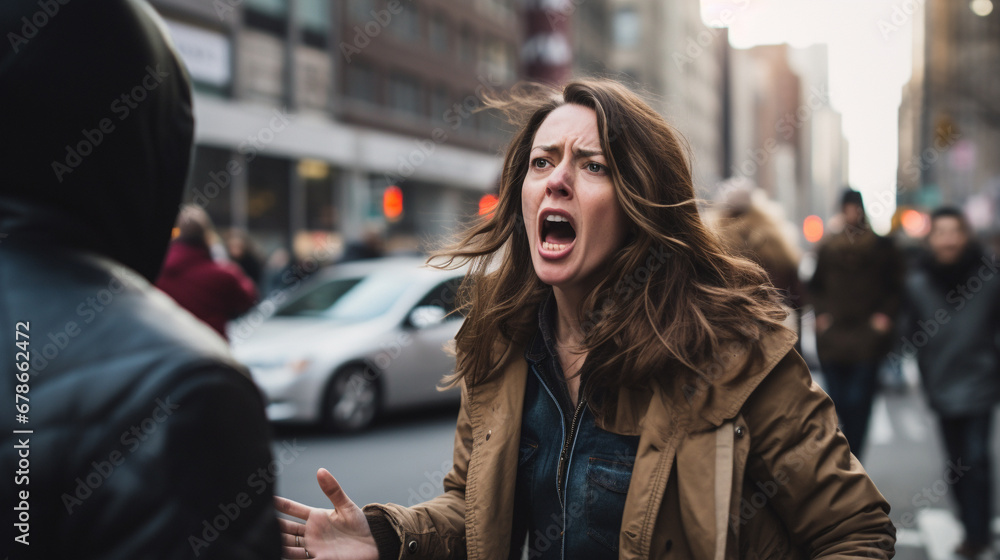 Stock photograph of one woman on the street arguing Stock photograph of one woman on the street arguing