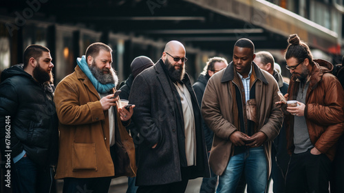 Stock photograph of group of men on the street using the cell phone