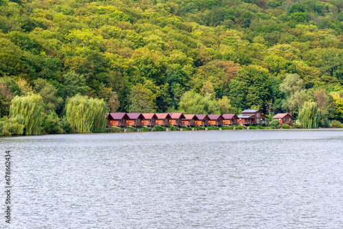 Beautiful landscape with a lake in the resort village of Sataniv, Khmelnitsky region, Ukraine. 