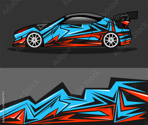 racing car wrap rally livery. design abstract blue strip for car wrap  vinyl sticker  and decal. isolated on black background  