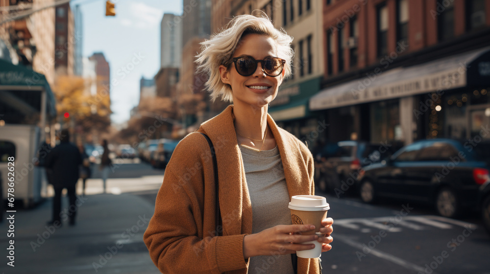Obraz premium Stock photograph of one woman on the street drinking coffee