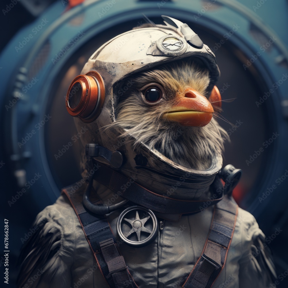 3D cartoon sparrow adorned in an astronaut costume