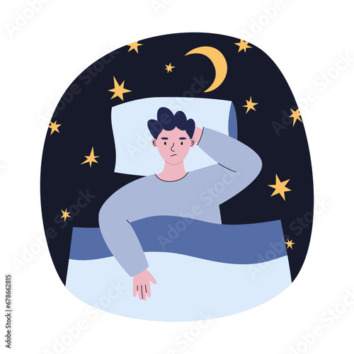 Insomnia problem. Young man lying in bed with insomnia. Difficulties with falling asleep. Flat vector illustration of mental disorder