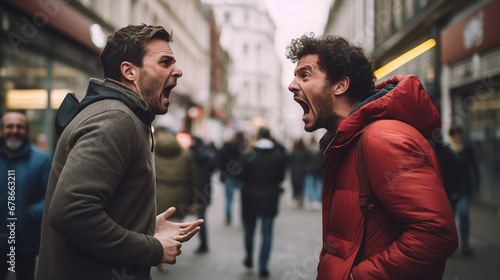 Stock photograph of couple of men on the street arguing photo