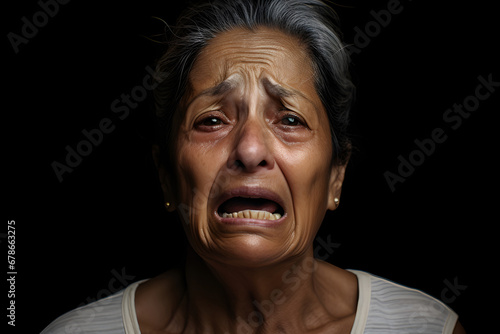 Sad crying senior Latin American woman portrait on black background. Neural network generated photorealistic image © lucky pics