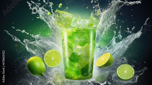 Refreshing lime juice soda in a glass, ice crashing, creating a frozen splash against a majestic glacier backdrop