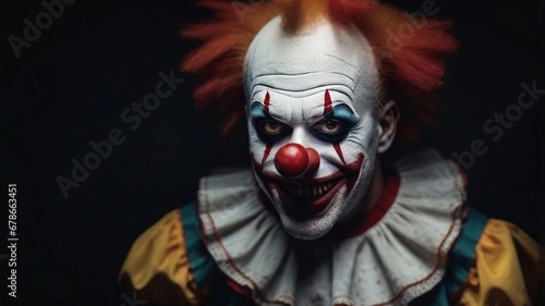 close-up portrait of scary clown against dark background with space for text, AI generated, background image