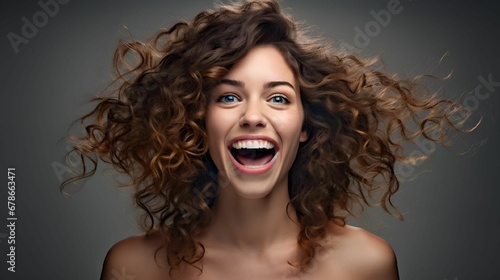 smiling woman with curly hair holding scissors and combing her long hair