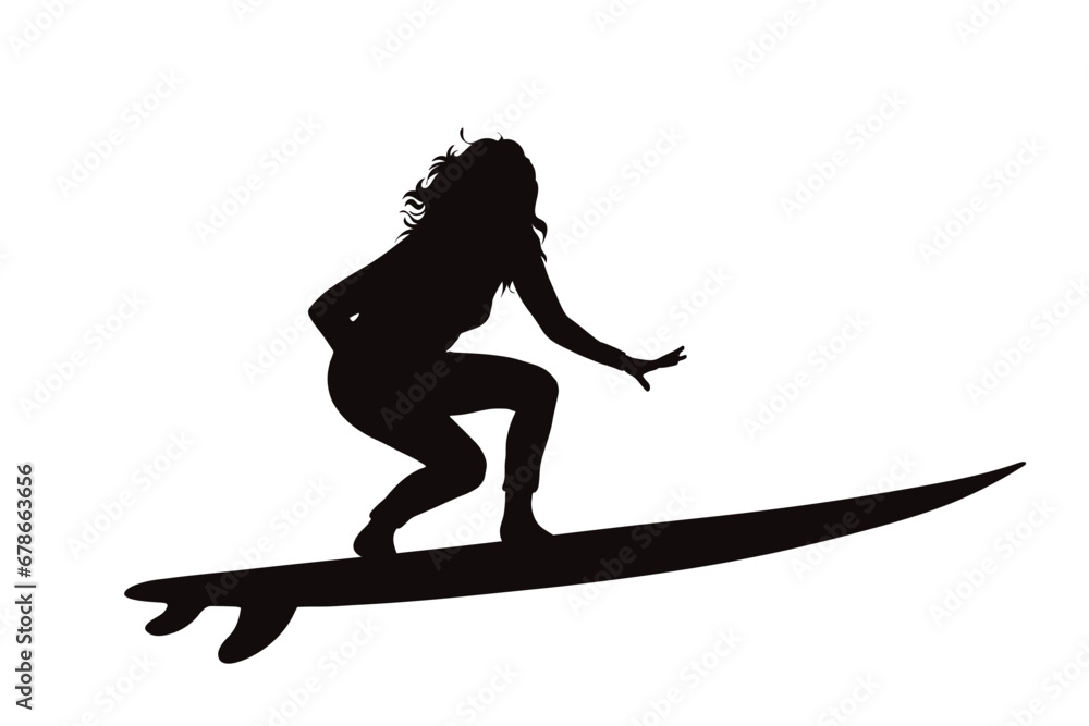 Vector silhouette of woman surfing on white background. Symbol of water sport.
