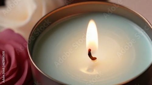 Illustrate the close-up details of a scented candle, highlighting the subtle textures and colors, and conveying the idea of the aromatic experience it provides, AI generated, background image