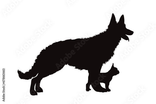 Vector silhouette of German Shepherd and French Bulldog on white background. Symbol of pet and dog. © majivecka