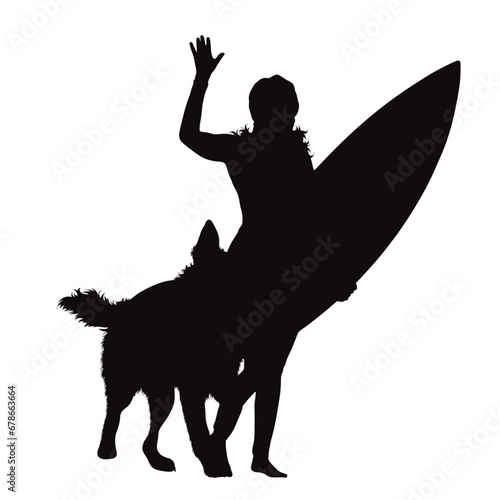 Canvas Print Vector silhouette of girl surfing with her dog on white background