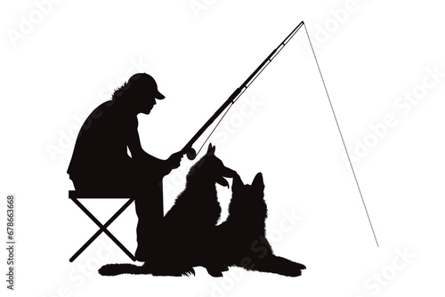 Vector silhouette of man fishing with his dog. Symbol of sport and nature.