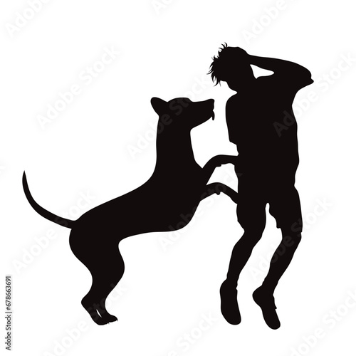 Vector silhouettes of boy playing with his dog on white background. Symbol of pet and canine.