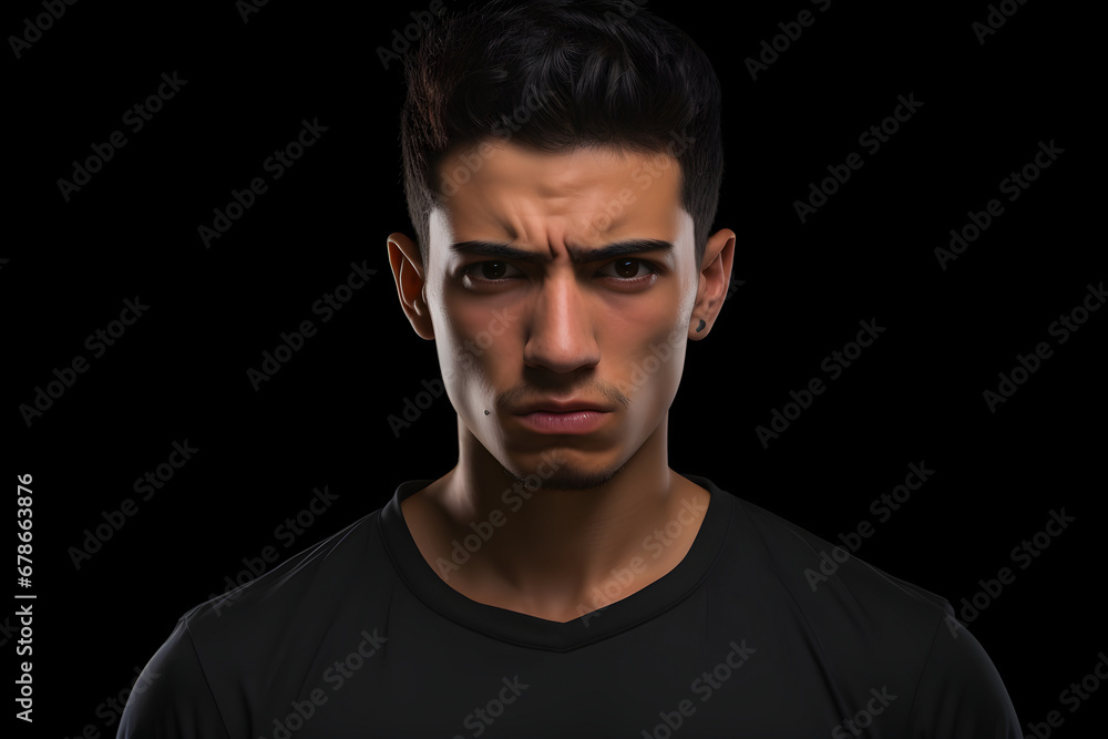 Sulking young adult Latin American man, head and shoulders portrait on black background. Neural network generated photorealistic image.
