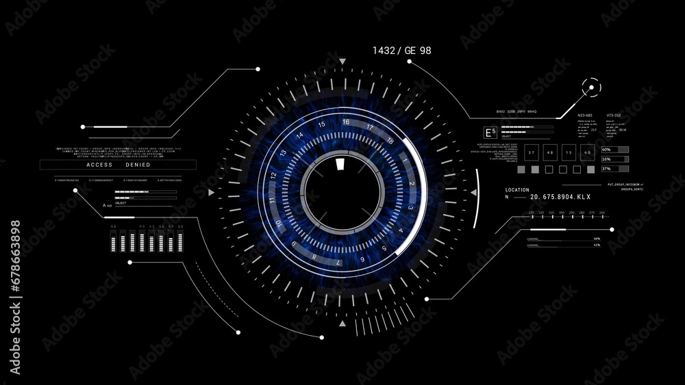 Obraz premium Eye HUD UI technological infographic elements.HUD 2GFX Technology Sci Fi.Artificial intelligence.On black background.