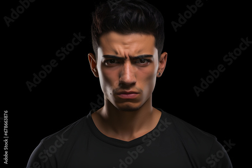Sulking young adult Latin American man, head and shoulders portrait on black background. Neural network generated photorealistic image.