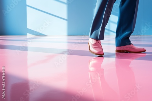 Legs of a men in blue trousers wearing pink shoes, walking on pink floor in a room with blue walls. Generative AI