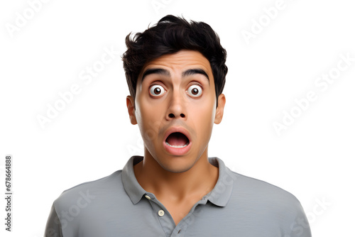 Surprised young adult Latin American man on white background. Neural network generated photorealistic image.