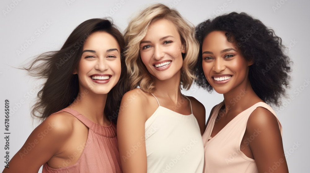 Three joyful women from diverse backgrounds share a close bond in a bright, heartwarming portrait Three joyful women from diverse backgrounds share a close bond in a bright, heartwarming portrait