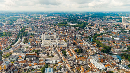 Ghent, Belgium. Panorama of the city from the air. Cloudy weather, summer day, Aerial View