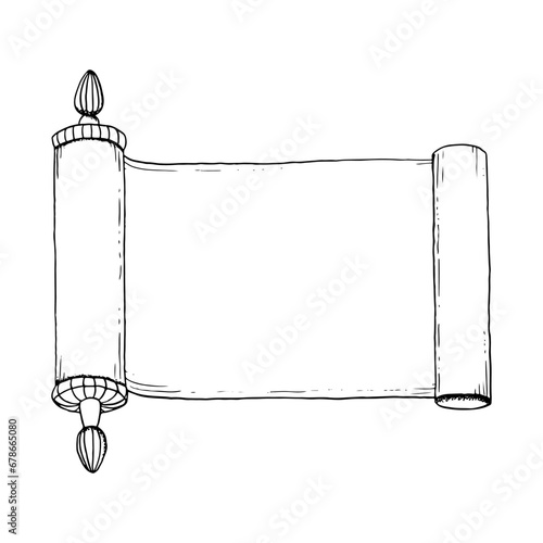 Vector Purim book of Esther hand drawn black and white illustration. Jewish Torah story, ancient megillat Esther scroll
