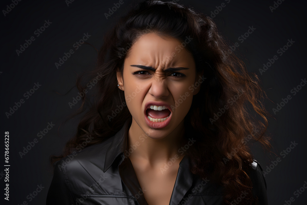 Angry young adult Latin American woman yelling on black background. Neural network generated photorealistic image.
